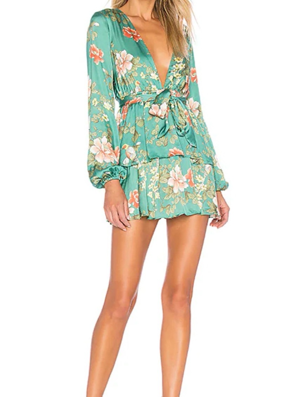 REVOLVE Teal Floral V-Neck Tie-Waist Mini Dress